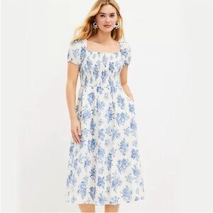 LOFT Smocked Floral Midi Dress Puff
Sleeves Blue White Medium cottage babydoll